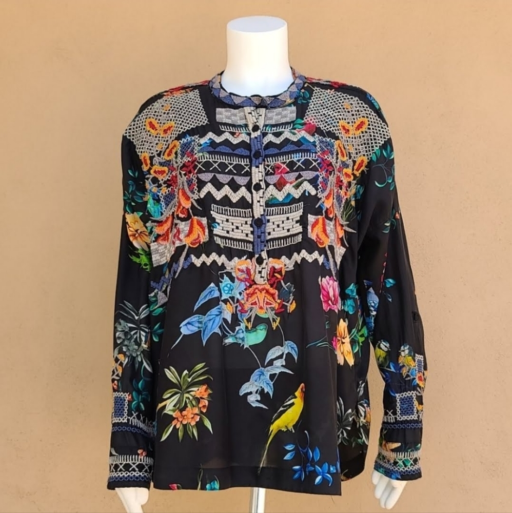 JOHNNY WAS BIYA ANTHRO Veda Embroidered Silk Blouse S M L Shirt Peasant Top Boho - Picture 3 of 15
